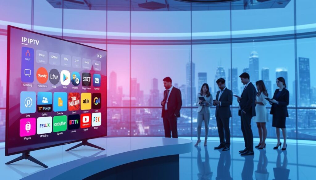 A sleek, modern interpretation of IPTV product categories and market trends, showcasing a futuristic digital workspace. In the foreground, a large touchscreen display features colorful icons representing various IPTV services and categories, such as streaming, live TV, and sports. In the middle ground, a diverse group of professionals in business attire engage in discussion, analyzing data on tablets and laptops. The background features a high-tech city skyline, symbolizing technological advancement. Soft, ambient lighting creates a sophisticated atmosphere with a bluish hue. The image is viewed from a slightly elevated angle to enhance depth, inviting the viewer to focus on the interaction between technology and people, embodying the essence of the IPTV market trends.