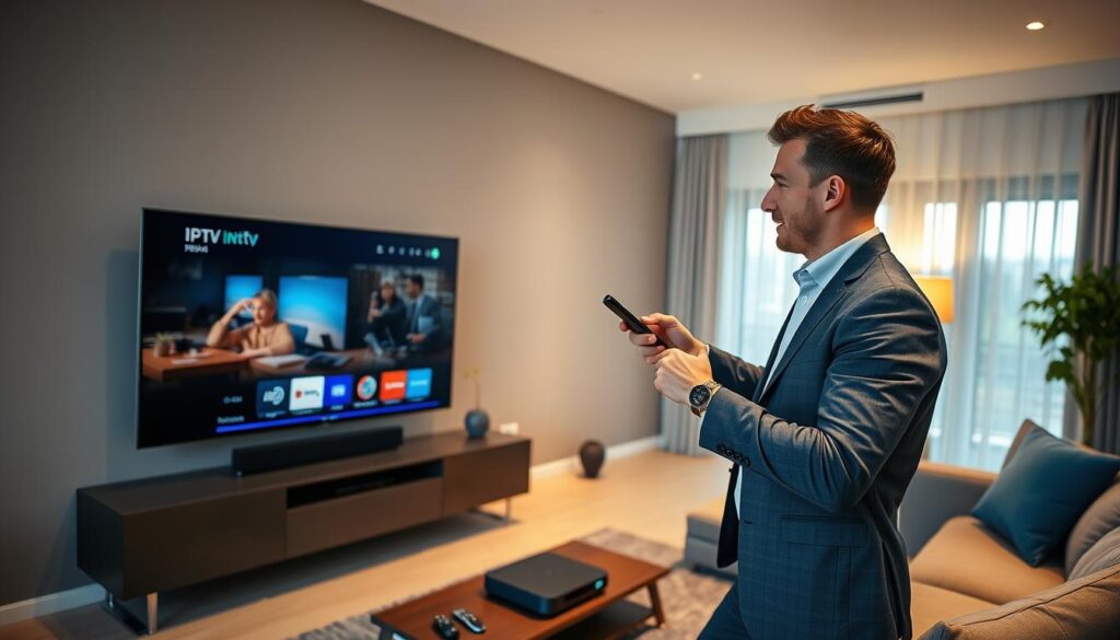 A sleek, modern living room environment with a high-definition television prominently displayed, showcasing an IPTV interface. In the foreground, a professional-looking user, dressed in smart casual attire, interacts with a remote control, portraying engagement and excitement. In the middle, a stylish media console hosts various gadgets, including a streaming device and a soundbar, indicating advanced technology. The background features a well-lit ambiance with soft, warm lighting, creating a cozy atmosphere. Use a wide-angle lens effect to capture the space, emphasizing the integration of technology within the home. The overall mood should be dynamic and inviting, reflecting a high-quality IPTV experience tailored for tech-savvy users in Germany.
