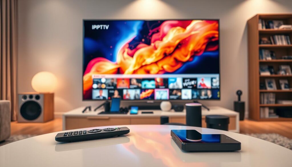 A sleek, modern living room featuring a large 8K television displaying vibrant IPTV content, showcasing device compatibility with various gadgets. In the foreground, a high-end remote control rests on a minimalist coffee table. The middle ground includes an array of devices such as smartphones, tablets, and smart speakers, all seamlessly connected. Soft, diffused lighting creates a warm and inviting atmosphere, highlighting the glossy screen of the television and the sleek designs of the devices. In the background, a stylish bookshelf filled with tech magazines further emphasizes the integration of modern technology in everyday life. The angle is from a slightly elevated perspective, capturing the layout and depth of the scene, conveying a sense of sophistication and connectivity in the world of IPTV.