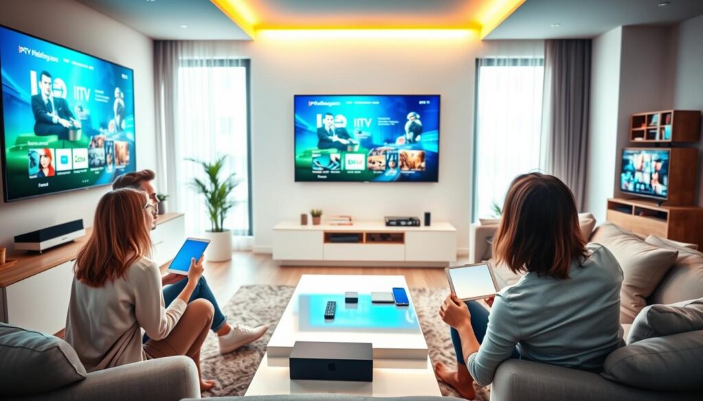 A sleek, modern living room featuring multiple devices displaying IPTV services on high-definition screens, showcasing compatibility with smart TVs, tablets, smartphones, and laptops. In the foreground, a family casually enjoying content together, dressed in smart casual attire, embodying a relaxed yet tech-savvy atmosphere. In the middle ground, a stylish coffee table with remotes and streaming gadgets, illustrating the convenience of multi-device usage. The background shows a well-lit room with large windows allowing natural light to stream in, casting soft shadows that enhance the cozy ambiance. The image conveys a sense of future-proof streaming technology, emphasizing ease of access and versatility across different devices. Use bright, inviting colors to create a warm atmosphere that appeals to a wide audience.