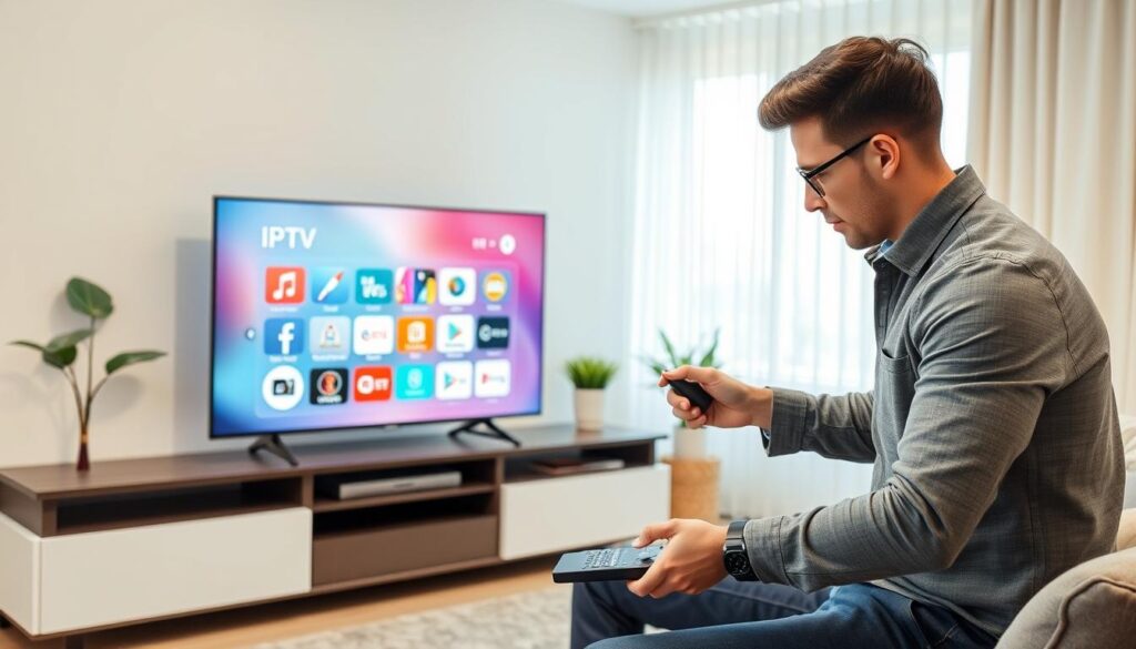 A sleek, modern living room scene with a person setting up an IPTV player on a stylish entertainment center. In the foreground, the individual, dressed in casual but professional attire, is focused on connecting cables and adjusting settings on a remote control. The middle layer features a contemporary flat-screen TV displaying an IPTV interface, complete with colorful icons representing various channels and services. In the background, soft natural light filters through sheer curtains, illuminating the space and creating a warm, inviting atmosphere. The room is decorated with minimalist furniture and a couple of indoor plants, conveying a sense of comfort and modern technology. The overall mood is focused and efficient, highlighting the setup process.