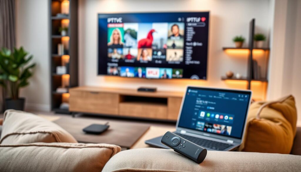 A sleek, modern living room setting featuring a prominently displayed Fire TV Stick connected to a large, flat-screen television. The foreground shows a cozy sofa with cushions, a coffee table with a remote, and a laptop open, displaying IPTV settings. In the middle, the TV screen shows vibrant IPTV content with sharp visuals, embodying the fluidity of streaming. The background includes an elegantly styled bookshelf with small plants and books, softly lit by warm ambient lighting. The mood is inviting and tech-savvy, emphasizing comfort and modern entertainment. The angle is slightly tilted to capture both the TV and the surrounding decor, creating a sense of perspective and depth.