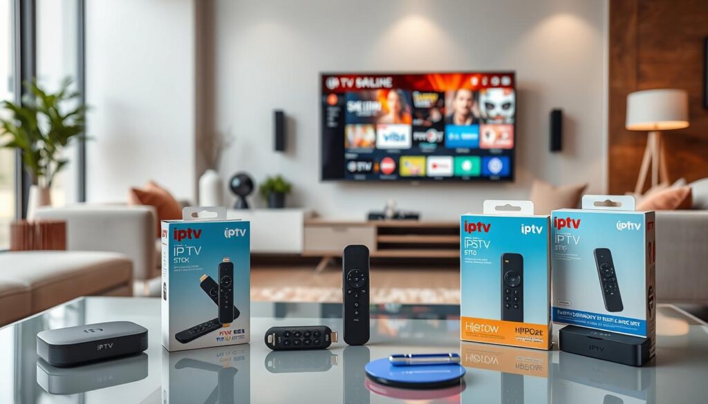A sleek modern living room setting featuring various popular IPTV TV stick models displayed prominently on a stylish coffee table. In the foreground, focus on three distinct IPTV sticks in elegant packaging, showcasing their unique designs and features. The middle ground should include a high-definition TV mounted on the wall, displaying a vibrant streaming interface, indicative of high-quality IPTV services. The background should suggest a cozy and inviting atmosphere, with soft ambient lighting and contemporary decor. Utilize a wide-angle lens to capture the space, emphasizing clarity and detail. The mood should be informative yet relaxed, suitable for tech-savvy viewers exploring their options for entertainment in Germany.