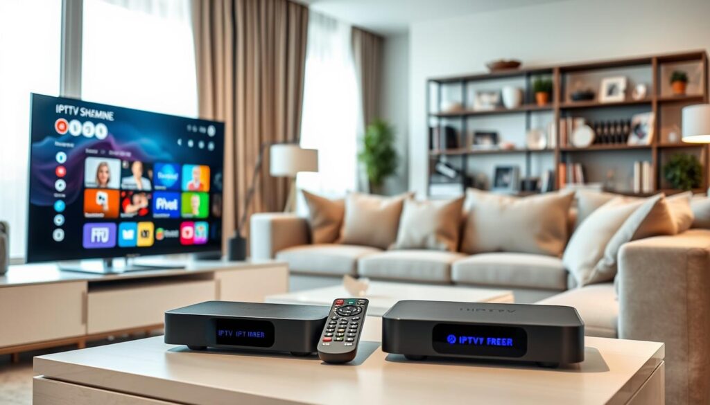 A sleek, modern living room setting showcasing a variety of IPTV devices on a contemporary entertainment center. In the foreground, a smart TV displays a vibrant IPTV interface with colorful icons and streaming options. Beside it, there's a compact digital receiver and a remote control with illuminated buttons. In the middle ground, plush furniture with simple, elegant lines creates a cozy atmosphere, accented by soft natural light coming from a window. The background reveals a stylish bookshelf filled with tech magazines and decorative items, further emphasizing the theme of device compatibility. The scene is captured from a slightly elevated angle to highlight the devices and a welcoming ambiance, conveying innovation and comfort in entertainment technology.