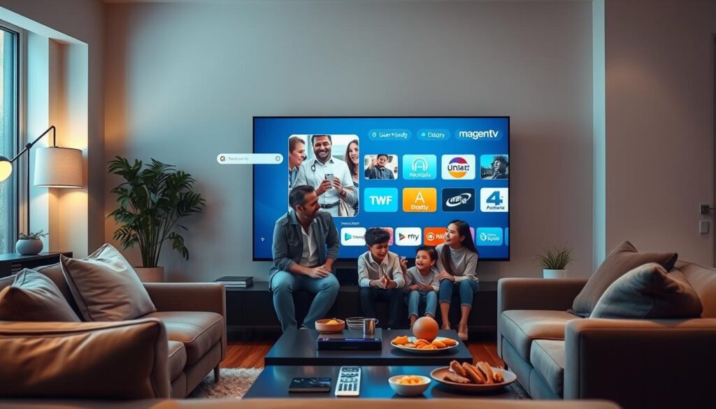 A sleek, modern living room setup featuring a large flat-screen television displaying a user-friendly interface of MagentaTV. In the foreground, there are a comfortable sofa and a stylish coffee table with a remote control and snacks, creating a cozy atmosphere. The middle section shows diverse family members—two adults and a child—engaged in watching TV together, depicted in professional casual clothing, smiling and enjoying the content. The background showcases a well-lit room with soft ambient lighting, highlighting the entertainment system and decorative elements like plants and artwork. The overall mood is warm and inviting, emphasizing family bonding over IPTV technology and the benefits of MagentaTV. Natural light streams in from a window, enhancing the inviting scene. A sleek, modern living room setup featuring a large flat-screen television displaying a user-friendly interface of MagentaTV. In the foreground, there are a comfortable sofa and a stylish coffee table with a remote control and snacks, creating a cozy atmosphere. The middle section shows diverse family members—two adults and a child—engaged in watching TV together, depicted in professional casual clothing, smiling and enjoying the content. The background showcases a well-lit room with soft ambient lighting, highlighting the entertainment system and decorative elements like plants and artwork. The overall mood is warm and inviting, emphasizing family bonding over IPTV technology and the benefits of MagentaTV. Natural light streams in from a window, enhancing the inviting scene.