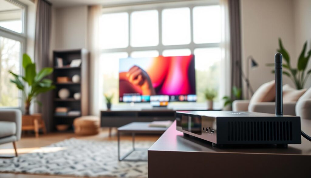 A sleek, modern living room with a contemporary IPTV box prominently displayed on a stylish entertainment unit. The foreground features a close-up of the IPTV box, showcasing its advanced design and connectivity ports. In the middle ground, a large flat-screen TV is tuned into a popular German television channel, displaying vibrant colors. Soft, natural lighting filters in through large windows, creating a warm and inviting atmosphere. In the background, tasteful décor emphasizes a blend of comfort and modern technology, with a hint of greenery from indoor plants. The overall mood is one of innovation and convenience, reflecting advantages such as on-demand access and a diverse selection of channels for German viewers in 2026.