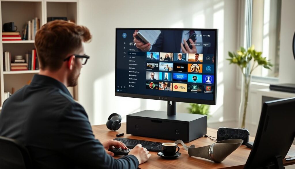 A sleek modern workspace featuring a Windows desktop screen displaying an IPTV streaming player interface. In the foreground, a focused individual, dressed in smart casual attire, is interacting with the player, adjusting settings and selecting channels. The middle ground showcases an organized desk with essential tech gadgets, like headphones and a remote control, along with a cup of coffee. The background includes a softly lit room with shelves holding books and tech accessories, creating a cozy yet professional atmosphere. Natural light filters through a window, adding warmth to the scene. The overall mood is productive and inviting, emphasizing a seamless IPTV experience on Windows.
