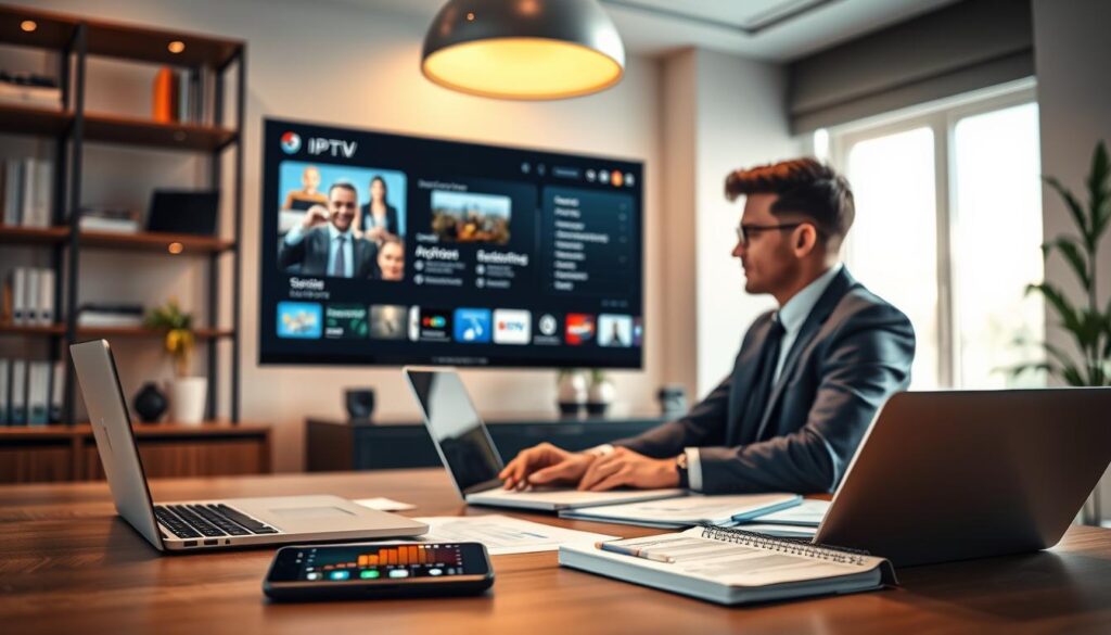 A sleek, modern workspace featuring a high-end IPTV player interface displayed on a large computer monitor. In the foreground, a professional-looking person, dressed in smart business attire, is engaged in evaluating various IPTV licensing models and pricing options on a laptop, with notes and graphs scattered nearby. The midground includes a stylish desk with a smartphone showing the IPTV app, and a notepad filled with handwritten notes. The background is softly blurred, showing shelves with technology books and a potted plant, illuminated by warm, inviting natural light entering from a nearby window. The atmosphere conveys a sense of focus and professionalism, highlighting the importance of understanding IPTV licensing models.