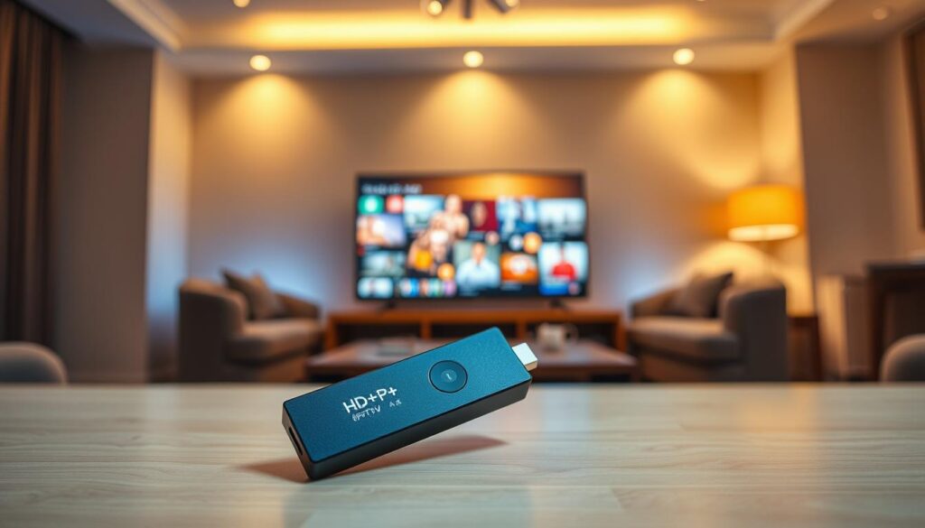 A stylish HD+ IPTV stick prominently displayed in the foreground, showcasing its sleek design and modern features. In the middle ground, a glowing television screen displays vibrant streaming content, illustrating the stick's capabilities. The background features a cozy living room setup with a comfortable sofa and soft ambient lighting, creating a welcoming atmosphere. The scene is captured using a wide-angle lens to emphasize depth, with warm, inviting lighting that highlights the IPTV stick. The focus on the device and screen conveys convenience and entertainment, aiming for a knowledgeable and professional mood. No text or additional elements should distract from the primary subject, ensuring clarity and emphasis on the advantages of the HD+ IPTV stick.