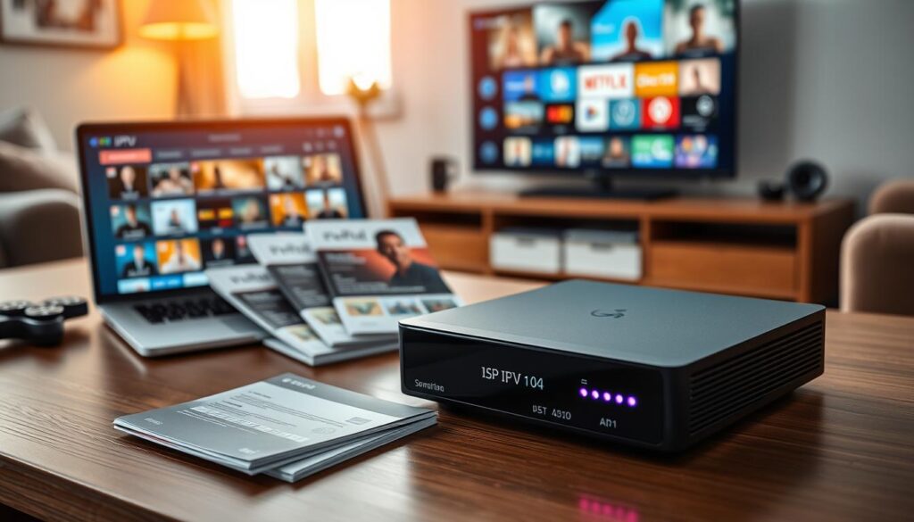A stylish, modern IPTV box set prominently displayed on a sleek wooden table, surrounded by various ordering options like brochures and a laptop showcasing a website. In the foreground, focus on the IPTV box with elegant design features and vibrant LED indicators. In the middle, include a few neatly arranged brochures detailing subscription plans and delivery options, all in German. The background features a softly blurred living room with a large TV displaying diverse streaming options, emphasizing the smart TV concept. Warm, natural lighting filters through a window, creating a cozy and inviting atmosphere, while the camera angle captures the scene from a slightly elevated perspective, providing a clear view of the IPTV box and related items.