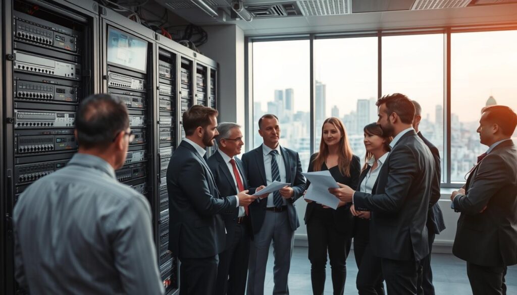 A thoughtfully composed business setting that emphasizes the complexities of "Risiken und rechtliche Aspekte von Cardsharing IPTV". In the foreground, a secure server room filled with intricate networking equipment and monitors displaying streaming data flows. In the middle ground, a diverse group of professionals in business attire discussing legal documents and digital rights, their expressions serious and focused. In the background, large windows revealing a city skyline suggestive of a bustling tech hub. Soft, diffused lighting creates a professional atmosphere, while a slight depth of field effect draws attention to the group's discussion. The overall mood is tense yet informative, reflecting the urgent need for legal awareness in the evolving landscape of IPTV services.
