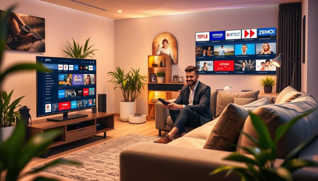 A vibrant and engaging digital illustration highlighting the advantages of Perfect Player IPTV for reliable streaming in Germany. In the foreground, depict a modern living room with a sleek television displaying the Perfect Player IPTV interface— vibrant channels and content organized neatly. The middle ground features a professional person comfortably seated on a stylish couch, dressed in smart casual attire, looking pleased while holding a remote control. The background should showcase a cozy ambiance with warm lighting, accentuated by houseplants and tasteful decor. The atmosphere conveys a sense of relaxation and enjoyment, emphasizing the seamless streaming experience. Use soft, ambient lighting to create an inviting and innovative mood. Focus on a slightly elevated angle to capture the layout effectively.