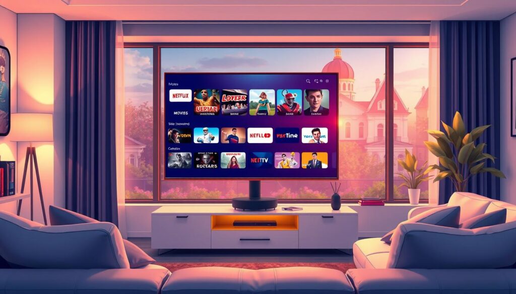 A vibrant and engaging illustration depicting the variety of IPTV subscriptions in Germany, featuring a television screen displaying a diverse range of content: live channels, movies, series, and video on demand. In the foreground, a modern living room setting with a comfortable couch and sleek entertainment center. The middle ground shows the glowing TV playing dynamic thumbnails of shows, with visual elements representing genres like sports, drama, and documentaries. The background features a stylish window showcasing a charming urban view, illuminated by warm, natural light creating a cozy atmosphere. The overall mood is inviting and tech-savvy, highlighting the richness of IPTV options available. The image should be bright, well-lit, and focus on creating a sense of variety and accessibility in entertainment.