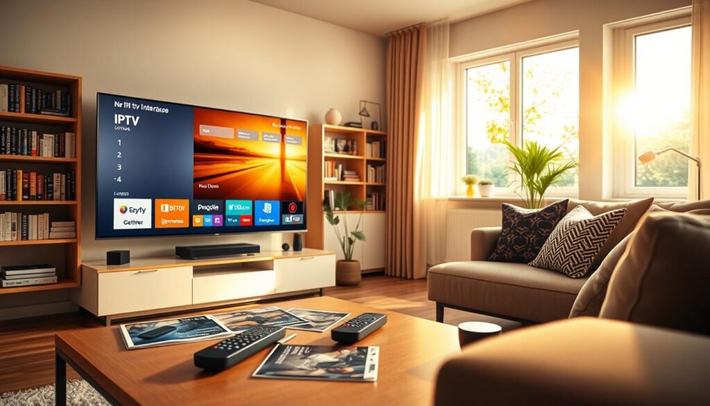 A vibrant, modern living room with a sleek television displaying IPTV interfaces and streaming options for German channels. In the foreground, a stylish coffee table is adorned with remote controls and subscription brochures, while a comfortable sofa faces the TV. The middle ground features a window showcasing a bright, sunlit day outside, casting natural light into the room. In the background, shelves are filled with books about technology and entertainment, adding depth. Use warm, inviting lighting to enhance the coziness of the space. The atmosphere should evoke a sense of convenience and modernity, reflecting the excitement of watching diverse German television content through IPTV subscriptions. Capture the scene from a slightly angled view to create an engaging composition.