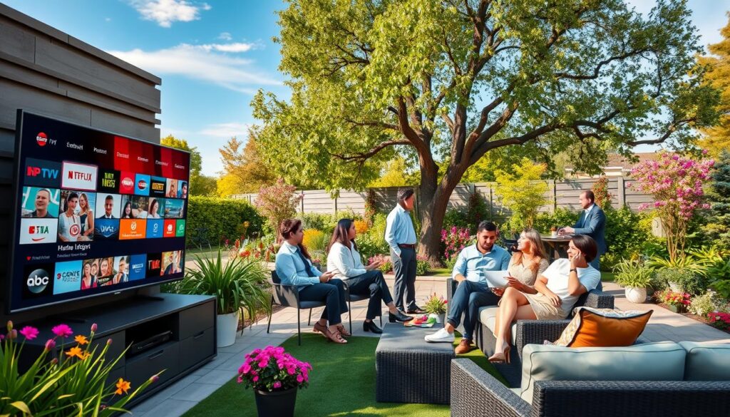 A vibrant outdoor garden scene showcasing the benefits of IPTV for German television. In the foreground, a sleek modern outdoor entertainment setup with a large flat-screen TV displaying popular German channels, surrounded by decorative plants and flowers. In the middle ground, a cozy seating area with comfortable furniture, where a diverse group of people, dressed in professional attire, engage in lively discussions about their viewing experiences. The background features a beautiful garden with blooming flowers, trees, and lush greenery, under a bright blue sky with soft, dappled sunlight filtering through the leaves. The atmosphere is inviting and energetic, highlighting a sense of community and connection through shared entertainment.