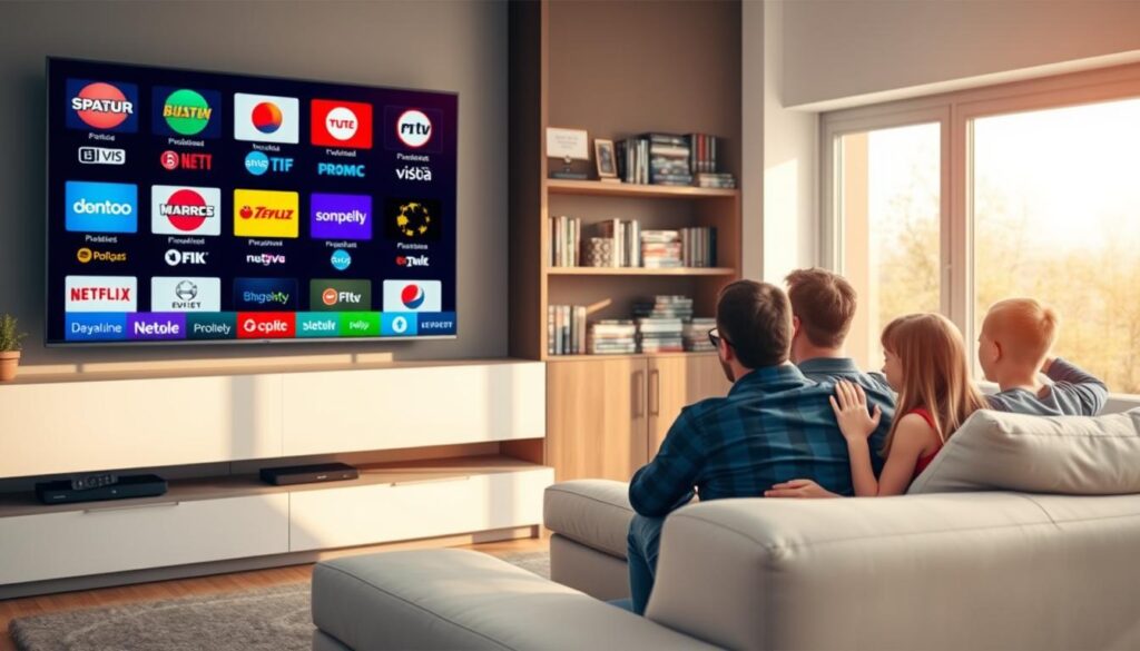 A vibrant scene showcasing a diverse array of Polish IPTV content. In the foreground, a sleek, modern living room with a large flat-screen TV displaying colorful logos of various Polish and international channels. A family of four, dressed in smart-casual attire, sits comfortably on a plush couch, engrossed in watching a show. In the middle ground, shelves adorned with DVDs and streaming devices hint at the expansive content variety available. The background features a large window allowing warm, natural light to flood the room, enhancing the cozy atmosphere. Soft, inviting colors create a welcoming ambiance. The scene conveys a sense of entertainment and togetherness, highlighting the richness of Polish IPTV offerings. A vibrant scene showcasing a diverse array of Polish IPTV content. In the foreground, a sleek, modern living room with a large flat-screen TV displaying colorful logos of various Polish and international channels. A family of four, dressed in smart-casual attire, sits comfortably on a plush couch, engrossed in watching a show. In the middle ground, shelves adorned with DVDs and streaming devices hint at the expansive content variety available. The background features a large window allowing warm, natural light to flood the room, enhancing the cozy atmosphere. Soft, inviting colors create a welcoming ambiance. The scene conveys a sense of entertainment and togetherness, highlighting the richness of Polish IPTV offerings.