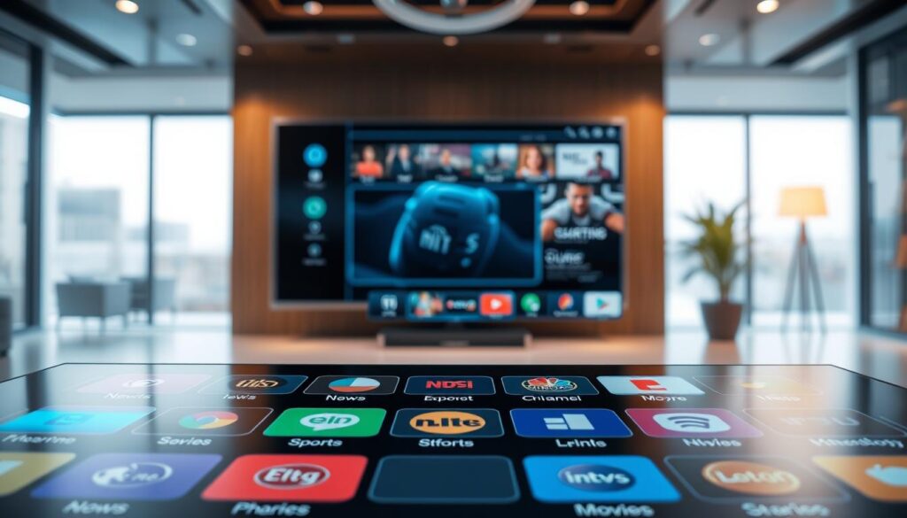 A visually appealing layout of an IPTV channel overview, featuring multiple categories such as News, Sports, Entertainment, and Movies. The foreground should showcase a sleek digital interface with colorful icons representing each category, clearly delineated. In the middle, include a stylized user interface that mimics a modern streaming service, with a polished black and blue aesthetic, soft glowing highlights, and an intuitive design. In the background, suggest a blurred tech environment, portraying a high-tech living room with a large flat-screen TV displaying channel information. The lighting should be soft and warm, creating an inviting mood, while a subtle depth of field effect emphasizes the foreground elements. The overall atmosphere is modern and user-friendly, inviting viewers to explore different content categories.