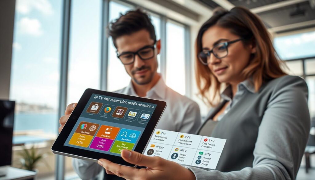 A visually appealing representation of IPTV subscription models in Greece. The foreground features a sleek tablet displaying an array of IPTV options with various subscription plans, illustrated through colorful icons and graphics. The middle ground includes a modern office setting, with a professional person in smart casual attire, examining the tablet with keen interest. In the background, a large window showcases a sunny Mediterranean view, hinting at a sense of location and culture. The lighting is bright and inviting, mimicking a sunny day, creating a hopeful and engaging atmosphere. The angle should focus on the tablet while capturing the professional’s engagement with the service.