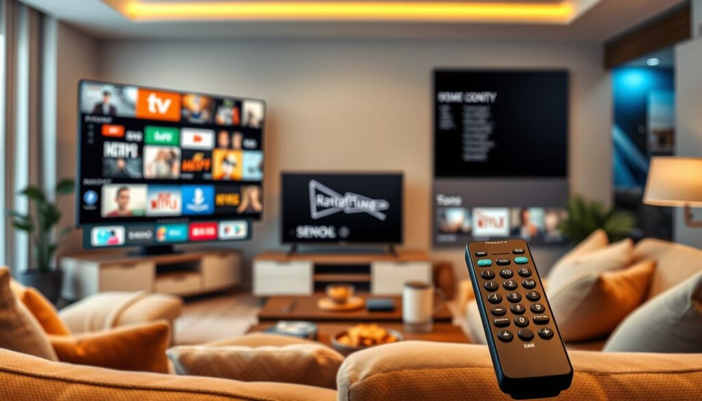 A visually engaging comparison between IPTV and traditional television, designed for an informative article. In the foreground, illustrate a modern living room setting with a sleek, large IPTV screen showcasing diverse streaming options. Include a remote control in view, symbolizing interactivity. In the middle ground, depict a traditional television with limited programming, highlighting the difference in user experience. The background should feature subtle elements like a cozy couch, a coffee table with snacks, and soft ambient lighting, creating a warm atmosphere. The angle should be slightly elevated, capturing both screens prominently. The overall mood should feel contemporary and informative, emphasizing the modernity and features of IPTV.