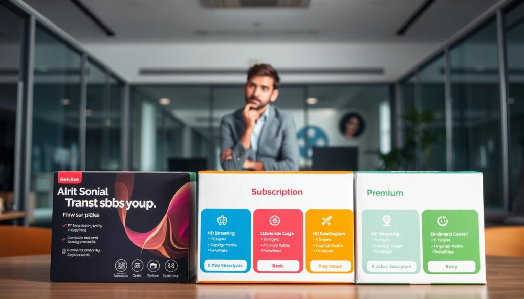 A visually engaging composition illustrating "Flexible Subscription Options and Prices" for a digital service. In the foreground, display three diverse subscription boxes with vibrant colors, showcasing different pricing tiers and their features (e.g., "Basic", "Standard", "Premium"). Include icons representing various benefits like "HD Streaming", "Live TV", and "On-demand Content". In the middle ground, a professional-looking person in business attire stands thoughtfully beside the boxes, analyzing them. The background is a sleek, modern office environment with subtle technology-themed decor. Soft, balanced lighting creates a warm atmosphere, while a lens angle slightly tilted upward adds a sense of innovation. The overall mood is inviting and informative, encouraging potential users to consider their options.