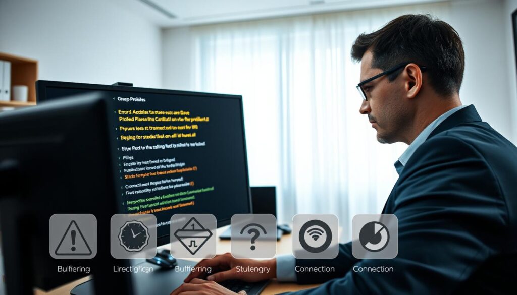 A visually engaging depiction of common issues faced with IPTV Smarters Pro, showcasing a detailed troubleshooting environment. In the foreground, a focused professional in business attire examines a computer screen displaying error messages, symbolizing technical difficulties. In the middle ground, several icons represent typical problems such as buffering and connection failures, illustrated with visual metaphors like warning signs and loading animations. The background features a modern home office setting, illuminated with soft, diffused light, creating a calming atmosphere. The overall mood conveys a sense of determination and problem-solving, with a clear emphasis on the technology at play. The angle should be slightly overhead to capture both the user’s expressions and the computer screen effectively.