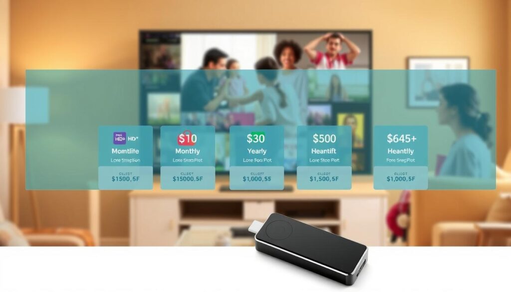 A visually engaging illustration of the subscription and cost structure for the HD+ IPTV Stick. In the foreground, prominently display the HD+ IPTV Stick with its sleek design, surrounded by images of a family enjoying various streaming content on a large flat-screen TV. In the middle ground, include colorful, stylish graphics representing different subscription packages and pricing tiers, such as monthly and yearly costs. The background should feature a warm, inviting living room setting with soft lighting that creates a cozy atmosphere, suggesting family togetherness. Use a slightly overhead angle to capture both the IPTV Stick and the family's activity, while ensuring all elements are clear and visually harmonious. The overall mood should be informative yet warm, reflecting the value of entertainment options.