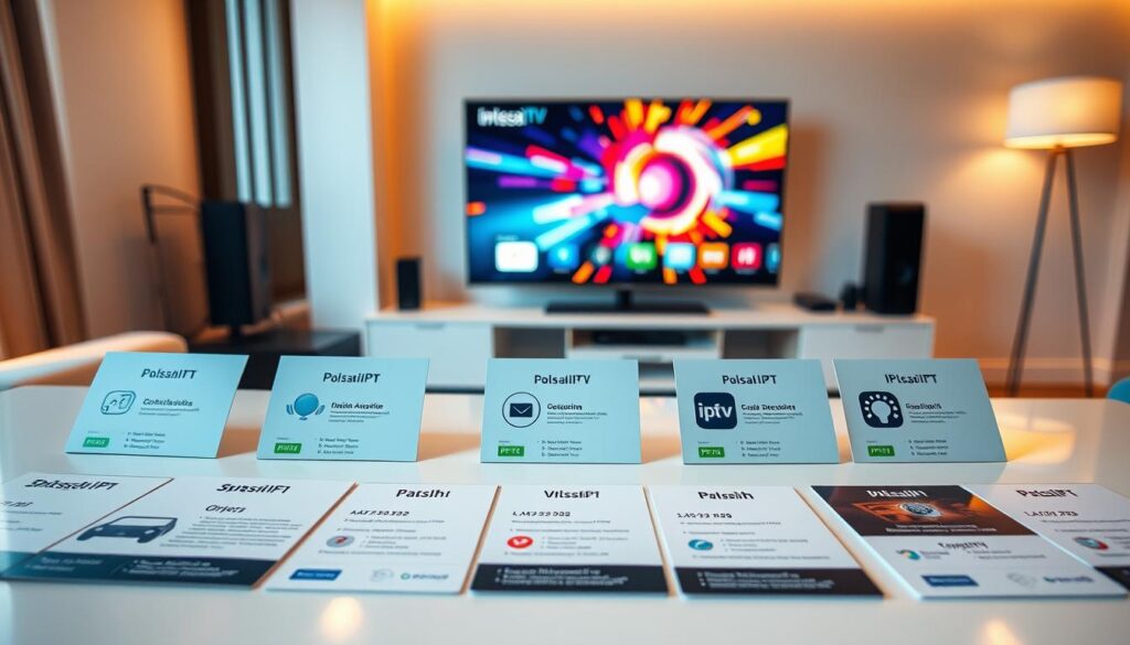 A visually engaging overview of Polish IPTV packages, featuring a neatly organized display of various subscription options. In the foreground, an elegant table with different IPTV package icons and descriptions laid out attractively, each card showcasing distinct features like channel variety, pricing, and viewing devices. The middle layer includes a light, soft-focus background of a modern living room setting, with a sleek television displaying a vibrant dynamic visual related to streaming. Warm, inviting lighting illuminates the scene, creating a professional and cozy atmosphere. The angle captures a slight bird's-eye view, offering perspective on both the table and the inviting environment, emphasizing the relevance of IPTV as a home entertainment solution. A visually engaging overview of Polish IPTV packages, featuring a neatly organized display of various subscription options. In the foreground, an elegant table with different IPTV package icons and descriptions laid out attractively, each card showcasing distinct features like channel variety, pricing, and viewing devices. The middle layer includes a light, soft-focus background of a modern living room setting, with a sleek television displaying a vibrant dynamic visual related to streaming. Warm, inviting lighting illuminates the scene, creating a professional and cozy atmosphere. The angle captures a slight bird's-eye view, offering perspective on both the table and the inviting environment, emphasizing the relevance of IPTV as a home entertainment solution.
