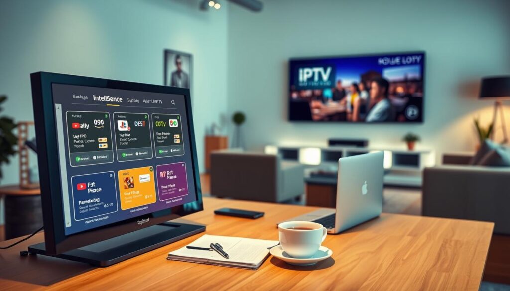 A visually engaging representation of "Pakete und Preise für Live-TV" featuring a modern setting with a sleek, contemporary design. In the foreground, display elegant digital screens showcasing various IPTV packages and pricing details, illuminated with soft LED lighting for a high-tech feel. In the middle ground, include a professional-looking workstation with an organized setup: a laptop, notepad, and a cup of coffee, symbolizing productivity and support. The background should display a stylish living room equipped with a large flat-screen TV, exuding a cozy atmosphere. Use warm, inviting colors that convey a sense of reliability and modernity. The scene is well-lit, capturing a positive and professional mood, with a focus on clarity and intelligence rather than clutter. A visually engaging representation of "Pakete und Preise für Live-TV" featuring a modern setting with a sleek, contemporary design. In the foreground, display elegant digital screens showcasing various IPTV packages and pricing details, illuminated with soft LED lighting for a high-tech feel. In the middle ground, include a professional-looking workstation with an organized setup: a laptop, notepad, and a cup of coffee, symbolizing productivity and support. The background should display a stylish living room equipped with a large flat-screen TV, exuding a cozy atmosphere. Use warm, inviting colors that convey a sense of reliability and modernity. The scene is well-lit, capturing a positive and professional mood, with a focus on clarity and intelligence rather than clutter.