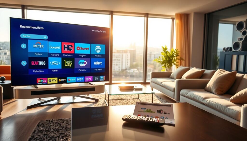 A visually engaging scene showcasing recommended IPTV providers and current offers in Germany. In the foreground, a modern digital screen displays vibrant icons of various IPTV platforms, showcasing logos and program highlights. The middle ground features a sleek, contemporary living room setup, with a stylish couch and an elegant coffee table displaying a remote control and a subscription pamphlet. In the background, a large window reveals a sunny urban landscape, hinting at a bustling city. Soft, natural lighting creates a warm atmosphere, emphasizing comfort and entertainment. The image should capture a sense of modern technology and accessibility in home entertainment, inviting viewers to explore IPTV options available in Germany.