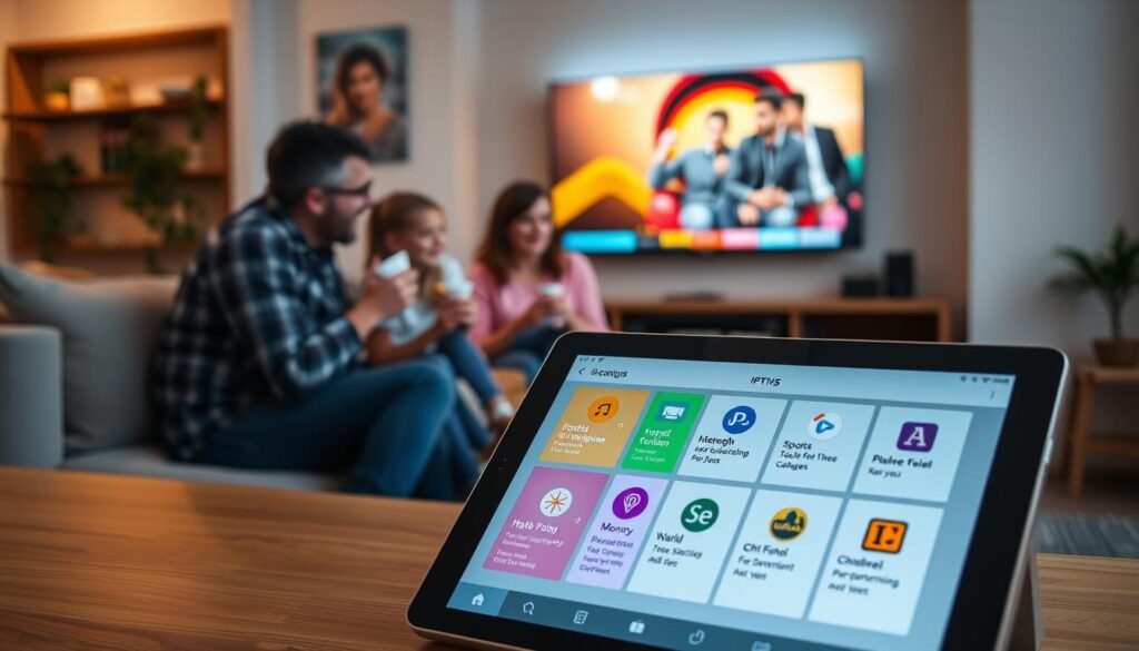 A visually engaging scene showcasing various IPTV package options tailored for diverse needs and budgets. In the foreground, a sleek, modern tablet displays an interactive menu of IPTV packages, each option clearly illustrated with vibrant icons representing different genres like sports, movies, and children's programming. The middle ground features a cozy living room setting with a family sitting together, exploring their IPTV choices while enjoying snacks, all dressed in casual yet respectable clothing. The background includes a wall-mounted TV displaying a vibrant image of a popular German TV show, illuminated by soft, warm lighting. The atmosphere should feel inviting, emphasizing comfort and versatility in entertainment choices. Capture this scene from a slightly elevated angle to encompass both the details on the tablet and the relaxed family environment. A visually engaging scene showcasing various IPTV package options tailored for diverse needs and budgets. In the foreground, a sleek, modern tablet displays an interactive menu of IPTV packages, each option clearly illustrated with vibrant icons representing different genres like sports, movies, and children's programming. The middle ground features a cozy living room setting with a family sitting together, exploring their IPTV choices while enjoying snacks, all dressed in casual yet respectable clothing. The background includes a wall-mounted TV displaying a vibrant image of a popular German TV show, illuminated by soft, warm lighting. The atmosphere should feel inviting, emphasizing comfort and versatility in entertainment choices. Capture this scene from a slightly elevated angle to encompass both the details on the tablet and the relaxed family environment.