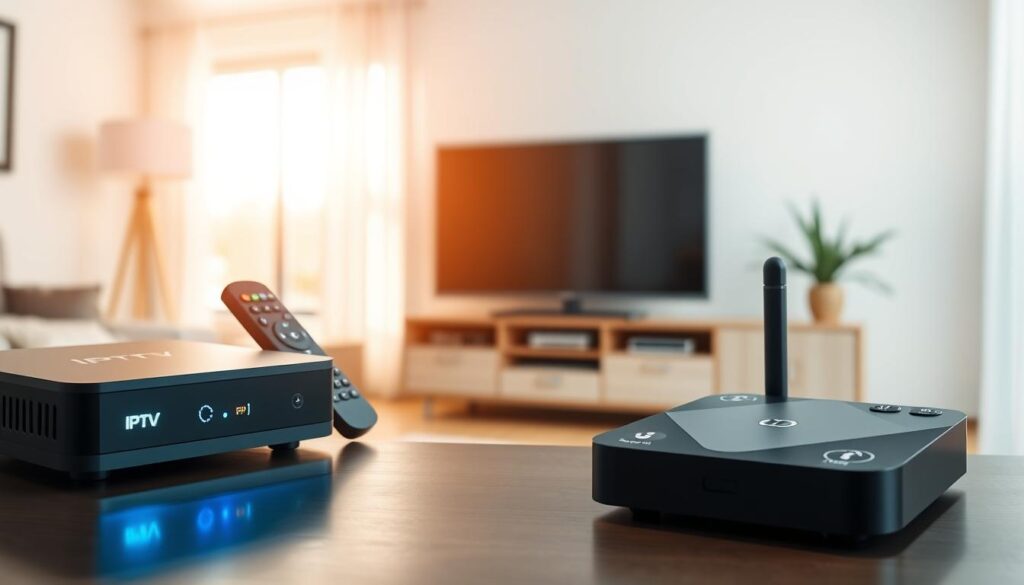 A visually engaging split-screen image showcasing an IPTV box on the left and an Android TV box on the right. In the foreground, the IPTV box is sleek and modern, with distinctive branding, glowing indicator lights, and a remote control showcasing buttons for channel navigation. In contrast, the Android TV box features a minimalist design, with a touchscreen-like remote, and icons representing popular streaming applications. In the middle ground, a blurred living room setting with a stylish TV unit serves as a backdrop, highlighting the tech-savvy atmosphere. Soft, warm lighting filters through a nearby window, creating an inviting space to emphasize the theme of home entertainment. The image should evoke a sense of comparison and choice while maintaining a clean and professional appearance.