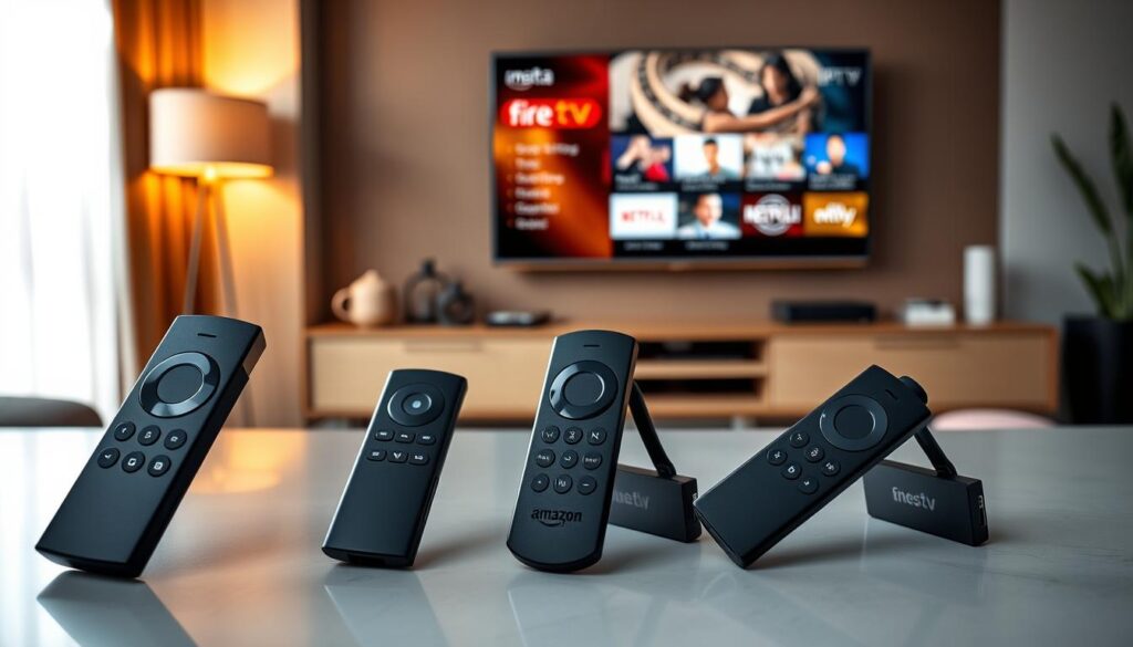 A visually striking comparison scene featuring three distinct Fire TV Stick models positioned on a sleek, modern living room table. In the foreground, emphasize the Fire TV Sticks with their remotes displayed prominently, showcasing unique features and designs. The middle ground should include a stylish smart TV mounted on the wall, displaying a vibrant IPTV interface with a variety of channel options. In the background, create a cozy ambiance with warm, soft lighting illuminating the room, suggesting a comfortable viewing atmosphere. Use a shallow depth of field to keep the focus on the Fire TV Sticks while blurring the background gently. Capture a sense of modern technology and comfort, inviting viewers to explore the best models for IPTV.