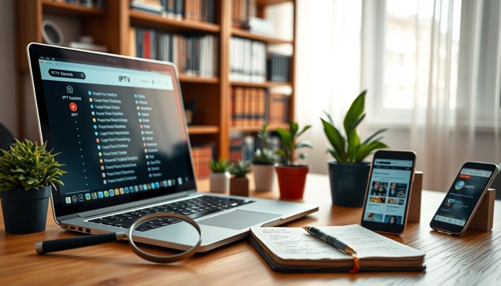 A visually striking composition that evokes trust and professionalism in the realm of IPTV sources. In the foreground, a sleek, modern laptop displays a user-friendly interface of an IPTV list, exuding a sense of reliability. Surrounding the laptop are various items symbolizing research and verification: a magnifying glass, a notebook with handwritten notes, and a smartphone showing reputable websites. In the middle ground, a warm-toned desk is adorned with a few potted plants, creating a contrast with the tech elements, enhancing the inviting atmosphere. The background features a softly blurred bookshelf filled with manuals and guides related to digital streaming and copyright law, hinting at the section title’s theme. The lighting is soft and natural, coming from a nearby window, casting gentle shadows and creating a focused yet comfortable workspace ambiance.