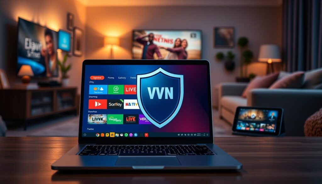 A visually striking image depicting a seamless IPTV streaming experience using a VPN. In the foreground, a sleek, modern laptop displays a vibrant IPTV interface with colorful streaming options. Surrounding the laptop, numerous digital devices like a smart TV and a tablet showcase the versatility of IPTV. The middle ground features a secure, animated VPN shield symbol, representing protection and privacy. The background is a cozy living room setting with warm lighting, plush furniture, and an inviting atmosphere, emphasizing relaxation during streaming. Cinematic lighting highlights the devices, while a slight blur effect on the background enhances focus on the laptop. The mood is tech-savvy and secure, reflecting the importance of a VPN for safe streaming.