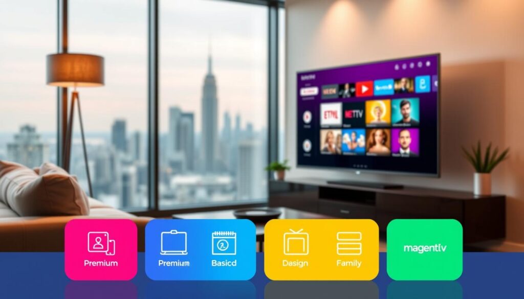 A visually striking image depicting the various plans and options of MagentaTV. In the foreground, showcase attractive digital icons representing different streaming packages, including premium, basic, and family options, all designed with bright and engaging colors like magenta, blue, and green. In the middle ground, include a modern, stylish living room setting with a sleek television displaying a colorful interface of MagentaTV features. The background features a soft-focus view of a city skyline through a large window, suggesting a connection to the modern lifestyle. Use warm, ambient lighting to create a welcoming atmosphere, and capture the scene from a slight angle to provide depth. The overall mood should be informative yet inviting, emphasizing the exciting choices available with MagentaTV. A visually striking image depicting the various plans and options of MagentaTV. In the foreground, showcase attractive digital icons representing different streaming packages, including premium, basic, and family options, all designed with bright and engaging colors like magenta, blue, and green. In the middle ground, include a modern, stylish living room setting with a sleek television displaying a colorful interface of MagentaTV features. The background features a soft-focus view of a city skyline through a large window, suggesting a connection to the modern lifestyle. Use warm, ambient lighting to create a welcoming atmosphere, and capture the scene from a slight angle to provide depth. The overall mood should be informative yet inviting, emphasizing the exciting choices available with MagentaTV.
