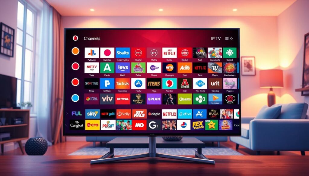 A vivid and engaging digital illustration showcasing the diverse range of channels and programming available through IPTV Vodafone. In the foreground, a sleek modern television displays a colorful interface filled with various channel logos and vibrant thumbnails representing different genres like sports, entertainment, and documentaries. The middle layer features a cozy living room setup, with a comfortable sofa and a stylish coffee table, inviting viewers into the scene. In the background, soft ambient lighting creates a warm atmosphere, accentuated by thoughtful decorations that enhance the home entertainment vibe. Use a slightly angled perspective to draw the viewer’s eye toward the television, conveying a sense of excitement and variety in IPTV offerings. The scene should evoke a feeling of ease and accessibility in enjoying entertainment at home.