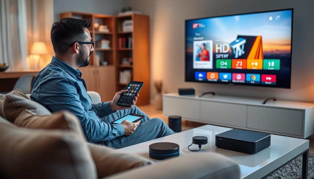 A well-lit modern living room setup featuring a person in professional casual attire, focused on the installation of a HD+ IPTV Stick on a large, sleek flat-screen TV. In the foreground, the individual is seated on a comfortable couch, holding the IPTV stick and looking at a setup guide on a tablet. The middle ground showcases a coffee table with various electronic accessories and a remote control. The background includes a stylish bookshelf and soft ambient lighting, creating a warm and inviting atmosphere. The scene is captured from a slightly elevated angle, emphasizing both the installation process and the cozy environment, with a sense of focus and clarity.