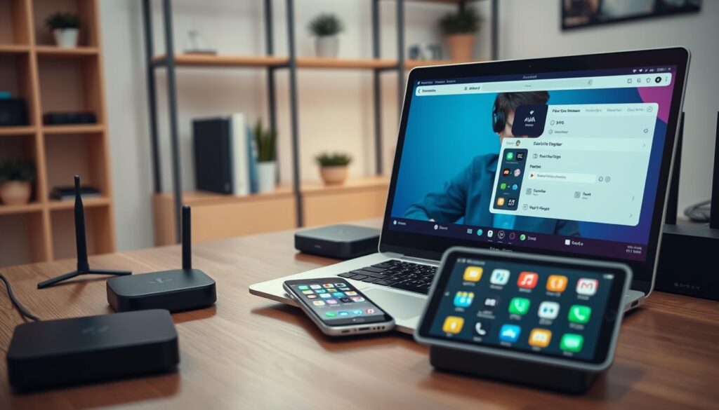 A well-organized workspace is depicted, showcasing a modern home office environment prepared for using the IPTV Smarter Downloader. In the foreground, a sleek laptop is open, displaying the IPTV Smarter Downloader interface on the screen, with a professional user in business casual attire focused on their work. The middle ground features a smartphone and a tablet, both showcasing compatible app icons, while a few digital gadgets, such as a streaming device and a router, are strategically placed nearby. The background reveals a stylish shelf containing tech books and decorative plants, with soft, warm lighting to create an inviting atmosphere. The angle captures the scene from a slightly elevated perspective, emphasizing the arrangement of devices and the user's engagement, conveying a mood of efficiency and preparedness for media downloading.