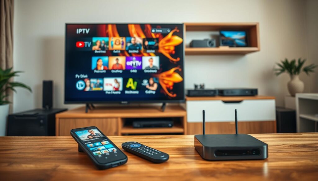 A well-organized workspace showcasing various IPTV apps and hardware. In the foreground, a sleek, modern smart TV displaying a vibrant IPTV interface with vivid thumbnails of popular channels. Beside it, a user-friendly remote control and a smartphone showing popular IPTV apps on the screen. In the middle ground, an array of IPTV devices like a media streaming box and a mini PC, elegantly arranged on a stylish wooden shelf. The background features a cozy living room setting with soft lighting, emphasizing a tech-savvy atmosphere. Use natural soft light to create a welcoming mood, highlighting the devices’ features. The angle is slightly above eye level, capturing the essence of a contemporary home entertainment setup.