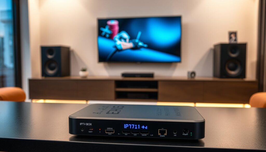 An IPTV box on a sleek, modern desk, showcasing its technical features and functions. In the foreground, the IPTV box is prominently displayed, featuring LED indicators and connection ports like HDMI, Ethernet, and USB. The middle ground includes a high-end television showing a crisp image, representing IPTV content. In the background, a stylish living room setup with minimalist decor enhances the modern aesthetic, illuminated by soft ambient lighting. The scene is captured from a slightly elevated angle, focusing on the IPTV box while maintaining clarity of the TV screen. The mood conveys a sense of innovation and sophistication, ideal for viewers interested in advanced television technology.
