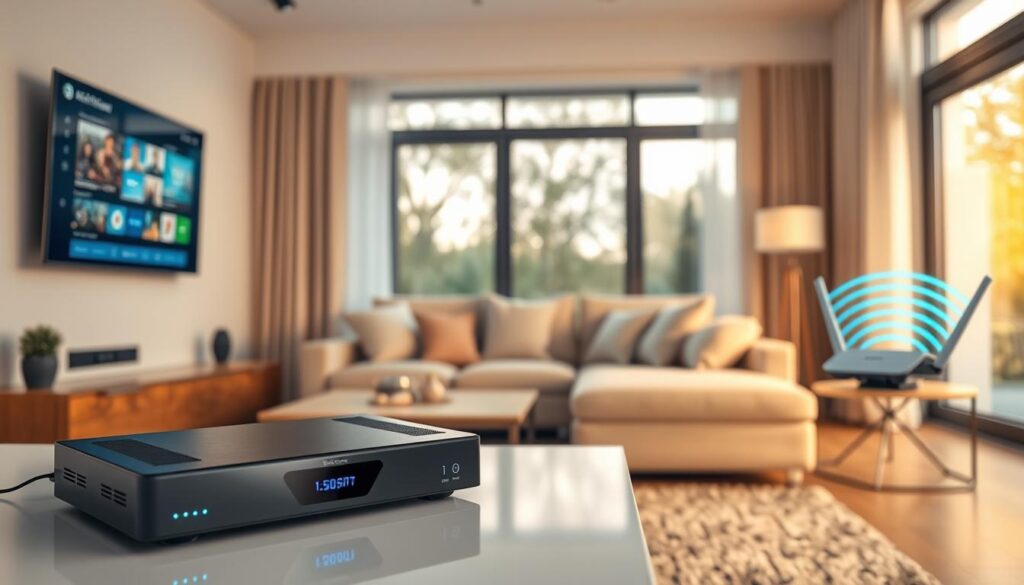An elegant living room scene designed for IPTV streaming tests in Germany. In the foreground, a modern IPTV player sits prominently on a sleek, minimalist table. The player is black with glowing blue LED indicators, connected to a wall-mounted flat-screen TV displaying a vibrant streaming interface. In the middle, a comfortable sofa adorned with soft cushions invites viewers to relax while enjoying content. To the side, an advanced Wi-Fi router pulsates with activity, symbolizing high-speed internet connectivity. The background features large windows letting in warm, natural light, enhancing a cozy atmosphere. The overall mood is inviting and professional, reflecting a seamless streaming experience with optimal quality. The composition should evoke a sense of cutting-edge technology blended with homely comfort.