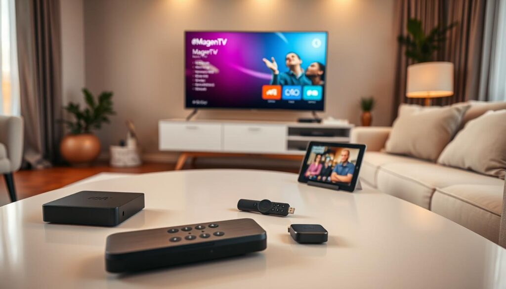 An elegant living room setting featuring a modern TV console displaying the MagentaTV interface, with various compatible devices like a set-top box, a streaming stick, and a tablet placed seamlessly around the console. The foreground includes a sleek remote control resting on a stylish coffee table with a soft, contemporary design. In the middle ground, a cozy sofa with plush cushions invites relaxation, while the background showcases a warm ambiance with soft natural lighting filtering through sheer curtains. The atmosphere is inviting and tech-savvy, reflecting a user-friendly home entertainment experience, designed for families and individuals alike. The composition is shot from a slight low angle to emphasize the devices, with a slight bokeh effect that adds sophistication. An elegant living room setting featuring a modern TV console displaying the MagentaTV interface, with various compatible devices like a set-top box, a streaming stick, and a tablet placed seamlessly around the console. The foreground includes a sleek remote control resting on a stylish coffee table with a soft, contemporary design. In the middle ground, a cozy sofa with plush cushions invites relaxation, while the background showcases a warm ambiance with soft natural lighting filtering through sheer curtains. The atmosphere is inviting and tech-savvy, reflecting a user-friendly home entertainment experience, designed for families and individuals alike. The composition is shot from a slight low angle to emphasize the devices, with a slight bokeh effect that adds sophistication.