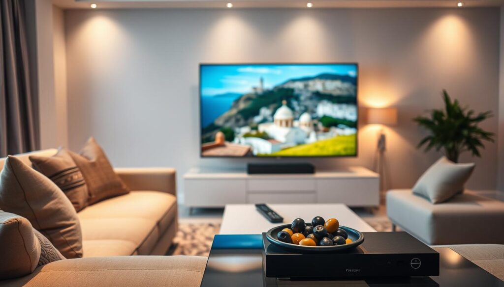 An elegant living room setup showcasing a high-definition IPTV Greek streaming experience. In the foreground, a modern flat-screen TV displays vibrant, sharp visuals of Greek landscapes and cultural scenes, symbolizing the high image quality. A cozy sofa, adorned with tasteful throw pillows, invites viewers to relax. In the middle ground, a sleek coffee table holds a remote and a bowl of olives, enhancing the Greek theme. The background features a softly lit space with warm, ambient lighting, creating an inviting atmosphere. Use a wide-angle lens to capture the entire scene, emphasizing depth and details. The mood is serene and engaging, reflecting the enjoyment of quality entertainment at home.