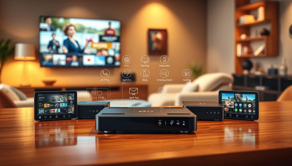 An informative and visually striking product display featuring important IPTV models: Z11 Pro, Spirit Pro, Pro Max, and others. The foreground showcases the sleek devices prominently arranged on a modern wooden table, reflecting a polished surface. In the middle layer, stylized user interface elements and features of each model are illustrated, hinting at their functionalities. The background is softly blurred, revealing a cozy living room setting with a large TV screen displaying a lively streaming scene, ensuring a homey atmosphere. The lighting is warm and inviting, with a subtle spotlight on the devices, creating a professional yet engaging mood. The angle is slightly elevated, providing a comprehensive view of the products while emphasizing their prominence in daily entertainment.