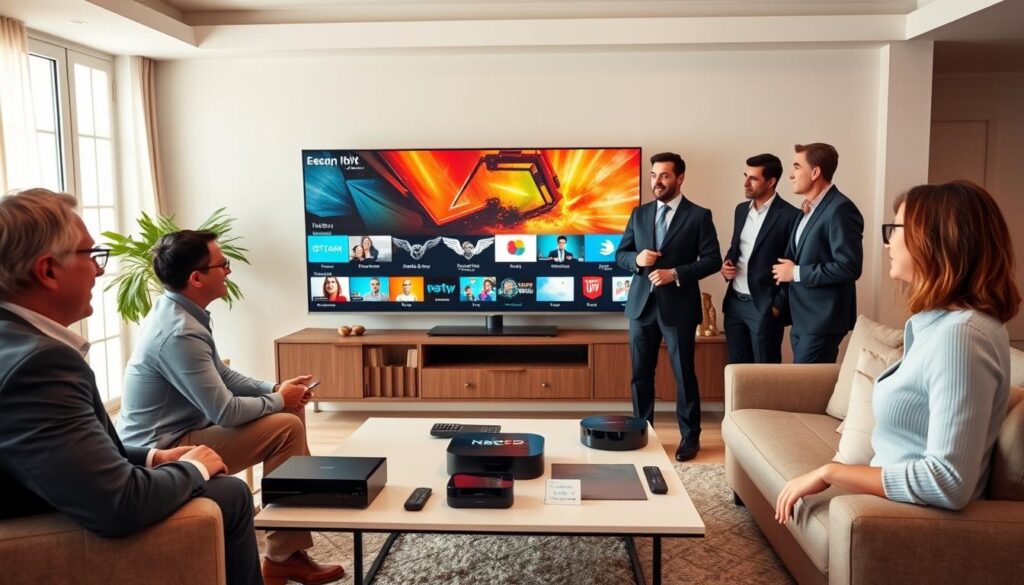 An open living room with a modern feel, showcasing a sleek, large flat-screen TV displaying vibrant IPTV channels. In the foreground, a diverse group of three individuals (two men and one woman) in professional business attire, casually discussing their experiences with IPTV technology. They appear engaged and enthusiastic, representing different demographics. In the middle ground, a stylish coffee table filled with devices like streaming boxes and remote controls, symbolizing ease of use and connectivity. The background features soft, warm lighting from a window, creating an inviting atmosphere. The room should have contemporary decorations and a cozy feel, making it an ideal space for sharing insights on IPTV services, focusing on user experiences, benefits, and challenges.