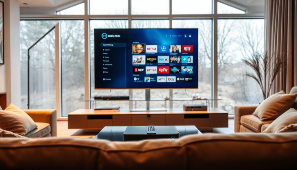 The image should depict a sleek, modern living room setup designed for enjoying Horizon IPTV services for German television. In the foreground, there is a high-resolution flat-screen TV displaying a vibrant interface of streaming content, framed by stylish furniture. In the middle, a contemporary coffee table holds a remote control and a reliable streaming device, emphasizing the user-friendly nature of the service. In the background, large windows allow natural light to stream in, creating a warm and inviting atmosphere. The color palette focuses on earthy tones with accents of technology, incorporating soft lighting to enhance the ambience. The overall mood is comfortable and sophisticated, showcasing the technical compatibility and modernity of Horizon IPTV equipment seamlessly integrated into everyday life.